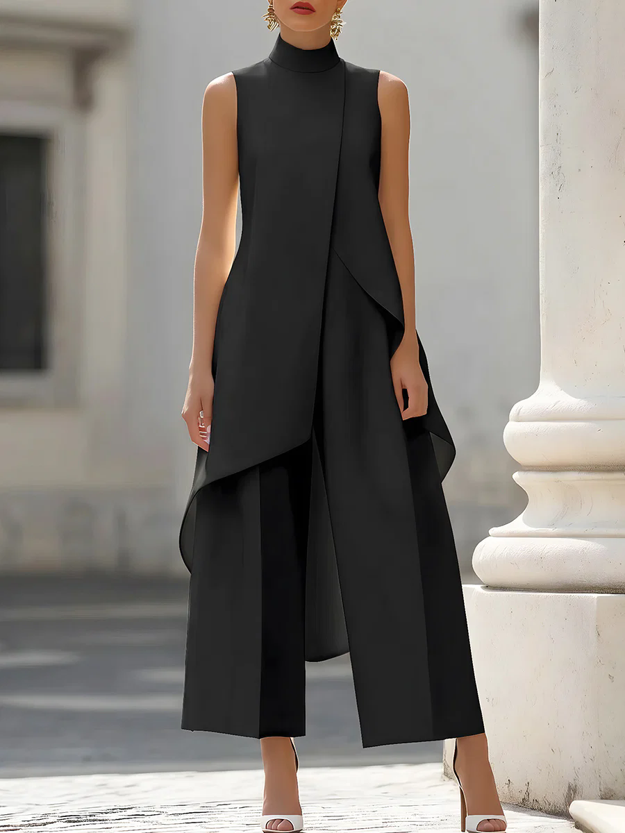 Female Formal Wear - Sleeveless High Neck Asymmetrical Layered Wide