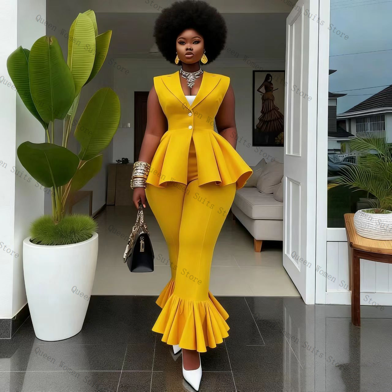 Women'S Formal Wear For A Wedding - Yellow Women Suit Pants Set 2