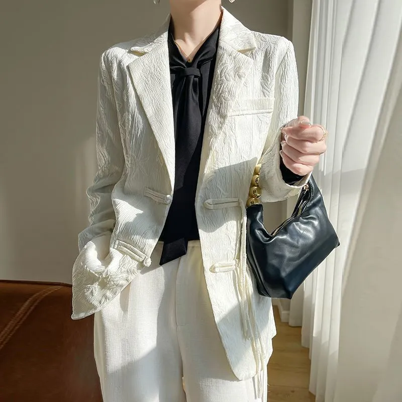 Women'S Formal Wear Jackets - Women's White Textured Blazer Jacket Notched