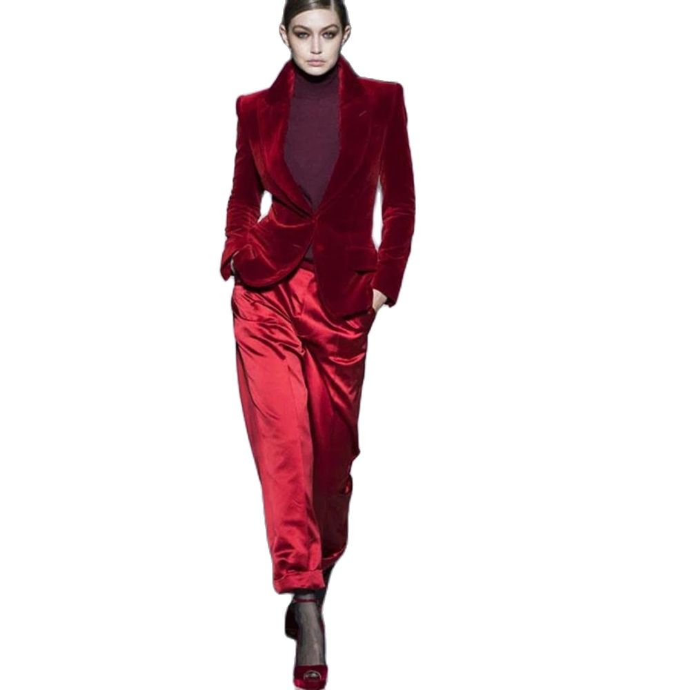 Women'S Formal Wear For A Wedding - Women Pant Suits Wine Red Velvet