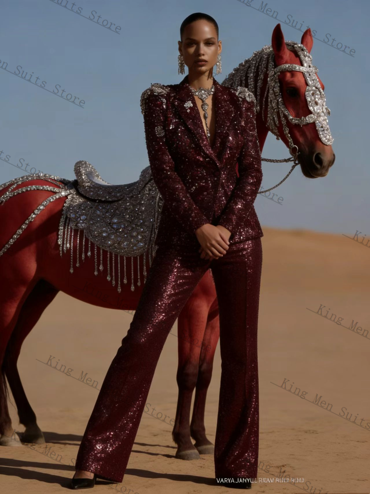 Burgundy Shiny Women Suit Set  - Women'S Formal Wear Wedding Guest ulasan dan harga