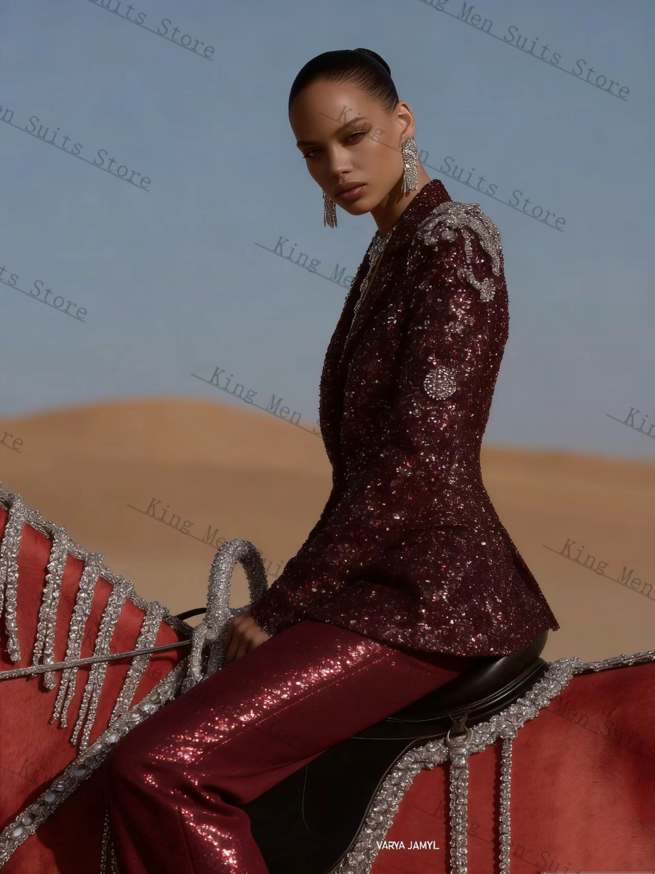 Burgundy Shiny Women Suit Set  - Women'S Formal Wear Wedding Guest ulasan dan harga