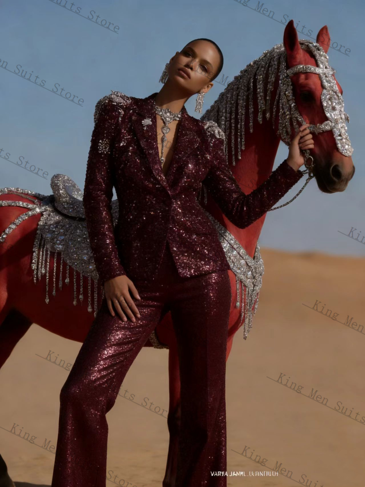 Burgundy Shiny Women Suit Set  - Women'S Formal Wear Wedding Guest ulasan dan harga